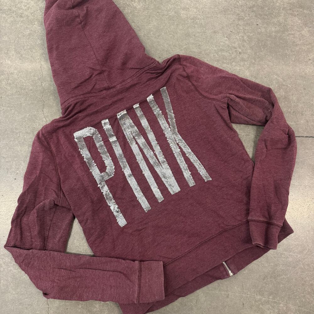 Vintage Y2k Victoria's Secret PINK Sequin Maroon Full Zip Hoodie Sweatshrit L